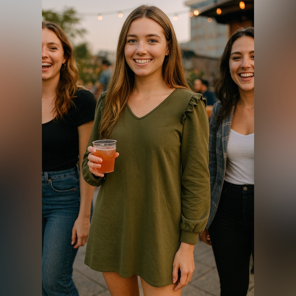 Olive green mini dress Sz M.. So comfortable, it is a sweatshirt dress